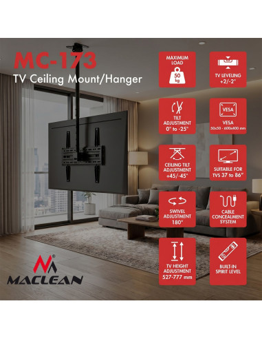 Maclean Uchwyt / Wieszak Sufitowy Dla Tv, Max. Obciążenie 50Kg, 37-86", Max Vesa 600X400 Mc-173