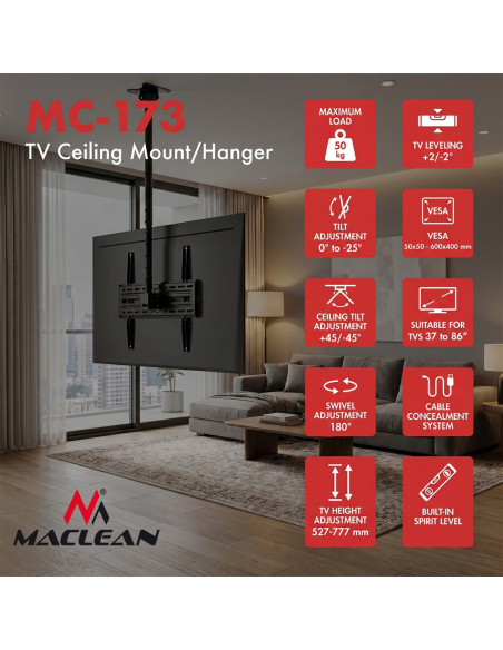 Maclean Uchwyt / Wieszak Sufitowy Dla Tv, Max. Obciążenie 50Kg, 37-86", Max Vesa 600X400 Mc-173
