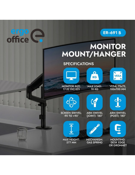 Ergo Office Uchwyt / Wieszak Na Monitor, 17"-32", 1-10Kg, Czarny Mat, Max. Vesa 100X100 Er-691 B