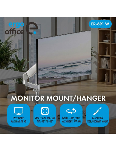 Ergo Office Uchwyt / Wieszak Na Monitor Sprężyna Gazowa, 17"-32", 1-10Kg, Biały Mat, Max. Vesa 100X100 Er-691 W