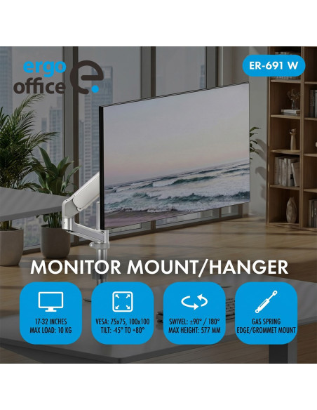 Ergo Office Uchwyt / Wieszak Na Monitor Sprężyna Gazowa, 17"-32", 1-10Kg, Biały Mat, Max. Vesa 100X100 Er-691 W