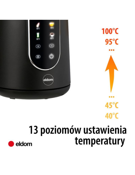Eldom Czajnik Bezprzewodowy Z Regulacją Tem. C550 Czarny 5 Zapisanych Programów: 40, 70, 80, 90, 100°C (Tworzywo + Stal Szlac