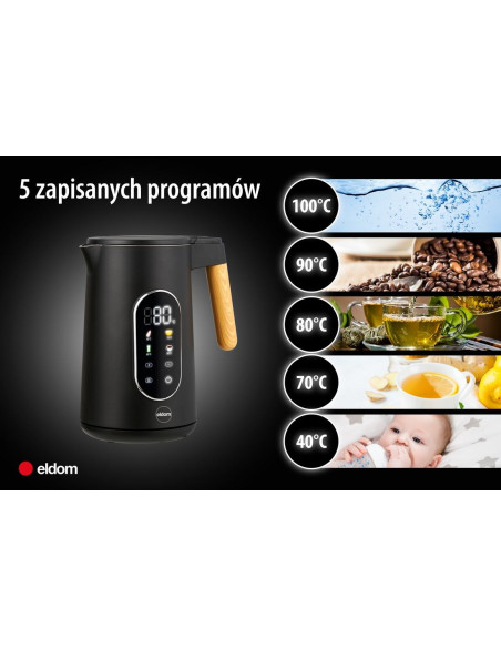 Eldom Czajnik Bezprzewodowy Z Regulacją Tem. C550 Czarny 5 Zapisanych Programów: 40, 70, 80, 90, 100°C (Tworzywo + Stal Szlac