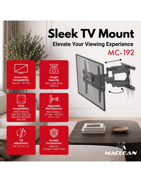Maclean Uchwyt Wieszak Do Tv Uchwyt Wieszak Do Tv 32-70''Max Vesa 400X400, 32-70", Do 40Kg, Czarny, Reg. Pochyłu +12°~-12° I