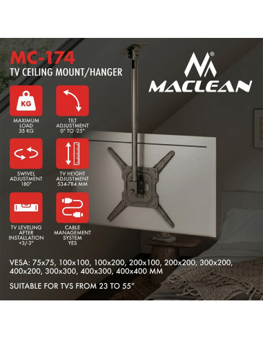 Maclean Uchwyt / Wieszak Sufitowy Dla Tv, Max. Obciążenie 35Kg, 23-55", Max Vesa 400X400 Mc-174