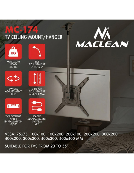 Maclean Uchwyt / Wieszak Sufitowy Dla Tv, Max. Obciążenie 35Kg, 23-55", Max Vesa 400X400 Mc-174