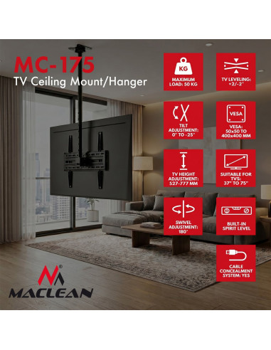 Maclean Uchwyt / Wieszak Sufitowy Dla Tv, Max. Obciążenie 50Kg, 37-75", Max Vesa 400X400 Mc-175