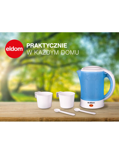 Eldom Czajnik Turystyczny C190 Lino 0,6 L 550W Niebieski + Dwa Kubki, Dwie Łyżeczki