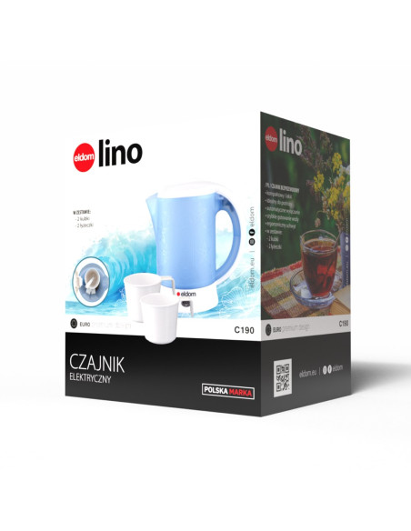 Eldom Czajnik Turystyczny C190 Lino 0,6 L 550W Niebieski + Dwa Kubki, Dwie Łyżeczki