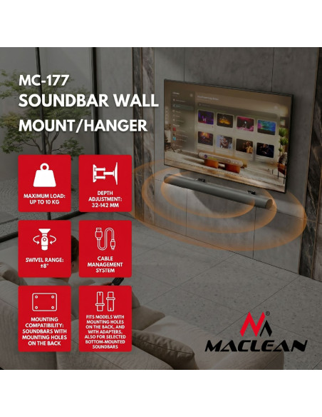 Maclean Uchwyt Ścienny Na Soundbar, Reg. Kąta +8°~-8°, Max. Obciążenie 10Kg, Wyk. Ze Stali Mc-177