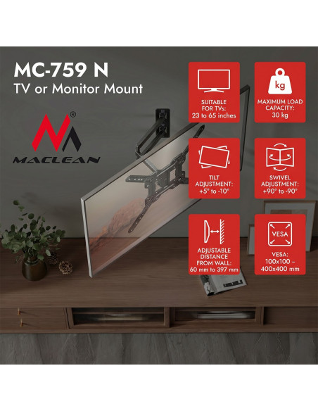 Maclean Uchwyt Na Telewizor, Max. 23–65", Max. Waga 30 Kg, Uniwersalny, Max. Vesa 400X400 Mc-759 N