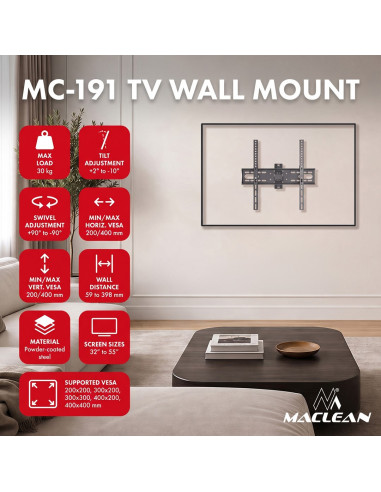 Maclean Uchwyt Wieszak Do Tv 32-55'' Uchwyt / Wieszak Do Tv Maclean, Max Vesa 400X400, 32-55", Do 30Kg, Czarny, Reg. Pochyłu