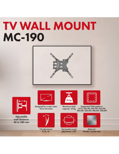 Maclean Uchwyt Wieszak Do Tv 32-55'' Uchwyt / Wieszak Do Tv Maclean, Max Vesa 400X400, 32-55", Do 25Kg, Czarny, Reg. Pochyłu
