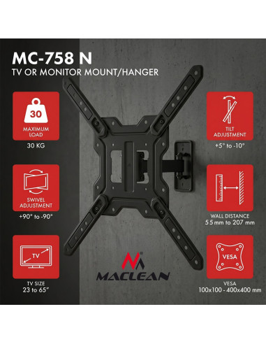Maclean Uchwyt / Wieszak Do Tv Lub Monitora, Max. 23-65", Max. Obciążenie 30Kg, Uniwersalny, Max. Vesa 400X400 Mc-758 N