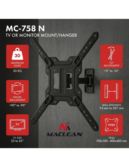 Maclean Uchwyt / Wieszak Do Tv Lub Monitora, Max. 23-65", Max. Obciążenie 30Kg, Uniwersalny, Max. Vesa 400X400 Mc-758 N