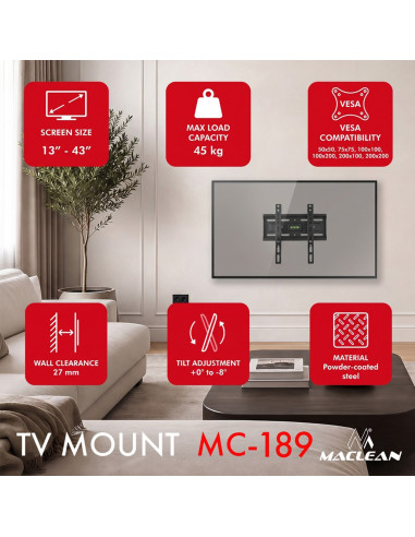 Maclean Uchwyt Wieszak Do Tv 13-43'' Uchwyt / Wieszak Do Tv Maclean, Max Vesa 200X200, 13-43", Do 45Kg, Czarny, Reg. Pochyłu
