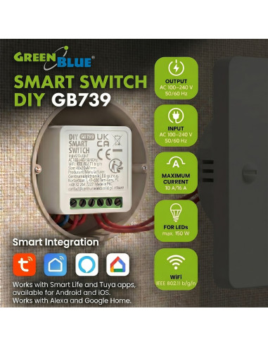 Greenblue Przekaźnik Wifi Dopuszkowy, Android/Ios/Alexa/Google Home,100-240V Ac, 50/60Hz, Max.16A, Dla Led 150W Gb739