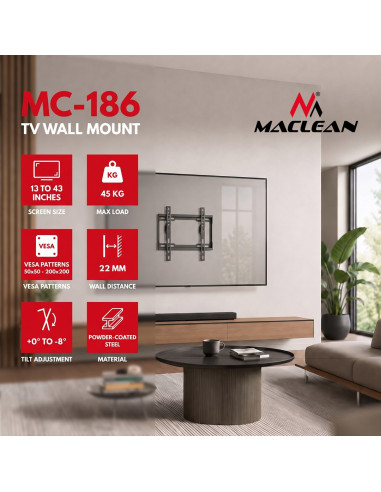 Maclean Uchwyt Wieszak Do Tv 13-43'' Uchwyt / Wieszak Do Tv Maclean, Max Vesa 200X200, 13-43", Do 45Kg, Czarny, Reg. Pochyłu