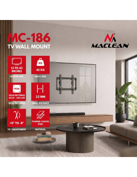 Maclean Uchwyt Wieszak Do Tv 13-43'' Uchwyt / Wieszak Do Tv Maclean, Max Vesa 200X200, 13-43", Do 45Kg, Czarny, Reg. Pochyłu