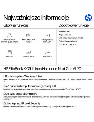 Hp Elitebook X G1I Ultra 7 258V 14.0"Wuxga Ips 800Nits Hp Sure View Ag 32Gb Lpddr5 Ssd1Tb Intel Arc 5G Cam  Ir 5.0Mpx Ai 68Wh W1