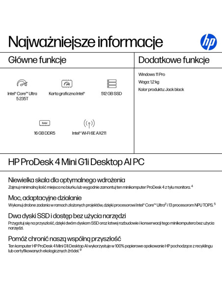 Hp Prodesk 4 Mini G1I Ai Intel Core Ultra 5 235T 16 Gb Ddr5-Sdram 512 Gb Ssd Windows 11 Pro Mini Pc Ai Pc Czarny