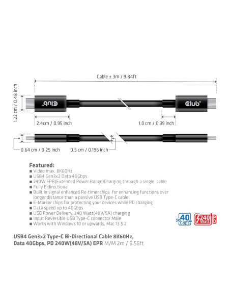 Club3D Cac-1579 Kabel Usb Usb4 Gen 3X2 3 M Usb C Czarny