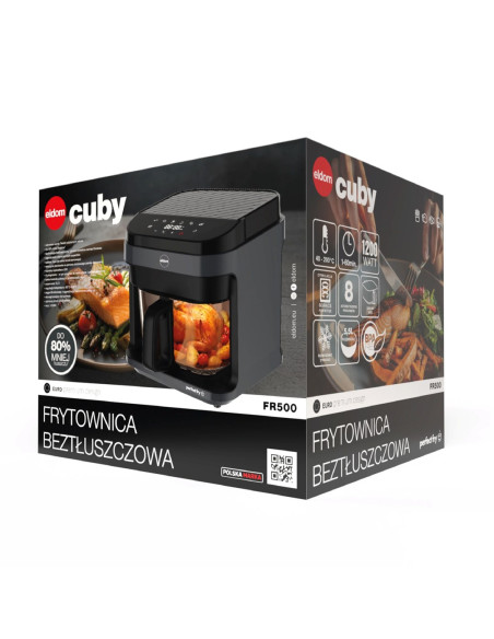 Eldom Frytkownica Beztłuszczowa Fr500 5,5 L 1200W Szklany Pojemnik, Ruszt, Silikonowa Podkładka, 8 Programów, Regulacja Tem.