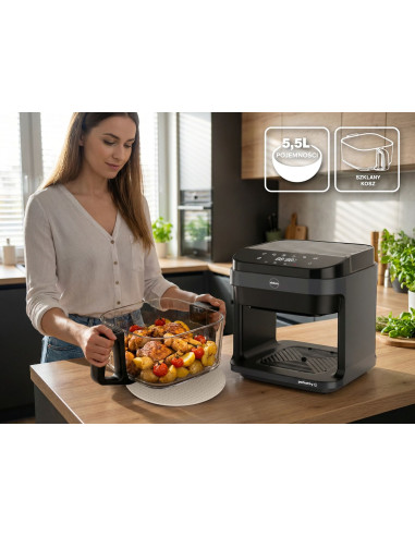 Eldom Frytkownica Beztłuszczowa Fr500 5,5 L 1200W Szklany Pojemnik, Ruszt, Silikonowa Podkładka, 8 Programów, Regulacja Tem.