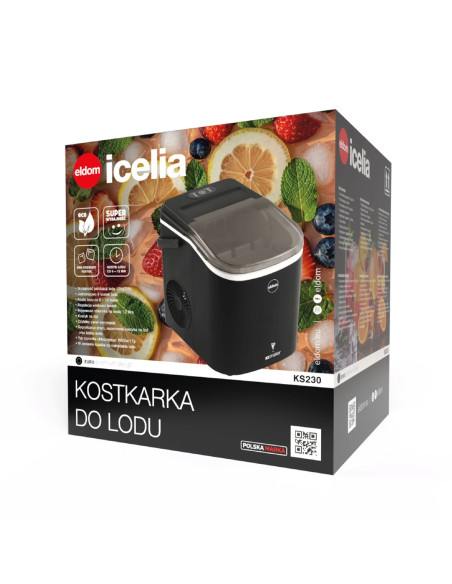 Eldom Kostkarka Do Lodu Ks230 Icelia 165W, Czarna, 12 Kg Lodu/24H  Jednorazowo 9 Kostek Lodu Co 6 – 12 Min