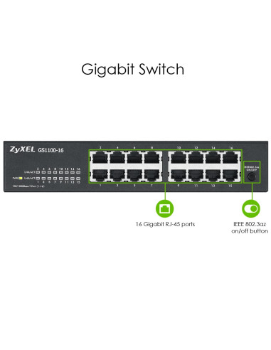 Switch Zyxel Gs1100-16E-Eu0101F 16P Unmanaged, Fanless, Slim