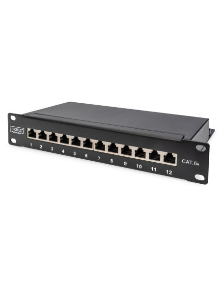 Digitus Panel Krosowy (Patch Panel) 10'' 12X Rj45, Lsa Poziom, Kat.6A, Ekranowany, 1U, Czarny, Prowadnica Kabli