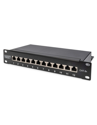 Digitus Panel Krosowy (Patch Panel) 10'' 12X Rj45, Lsa Poziom, Kat.6A, Ekranowany, 1U, Czarny, Prowadnica Kabli