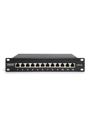 Digitus Panel Krosowy (Patch Panel) 10'' 12X Rj45, Lsa Poziom, Kat.6A, Ekranowany, 1U, Czarny, Prowadnica Kabli
