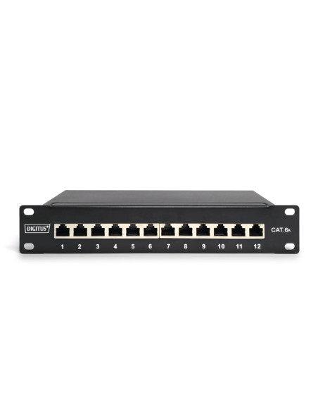 Digitus Panel Krosowy (Patch Panel) 10'' 12X Rj45, Lsa Poziom, Kat.6A, Ekranowany, 1U, Czarny, Prowadnica Kabli