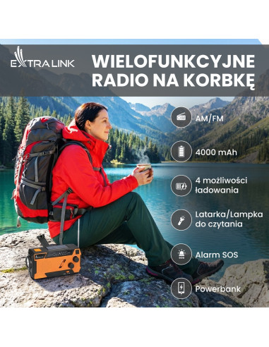 Extralink Ex.93746 Radio Awaryjne Solarne Z Korbka Dynamo Powerbank 4000Mah Z Latarka Sos Sr-4000 Przenośny Analogowy