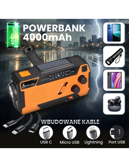 Extralink Ex.93746 Radio Awaryjne Solarne Z Korbka Dynamo Powerbank 4000Mah Z Latarka Sos Sr-4000 Przenośny Analogowy