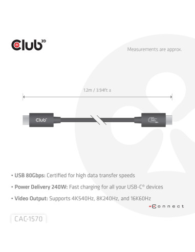 Club3D Cac-1570 Kabel Usb Usb4 Gen 2X2 1,2 M Usb C 80 Gbit/S 240 W Czarny