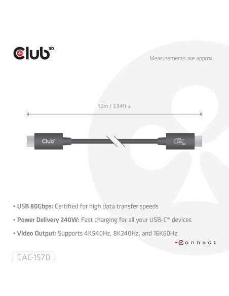 Club3D Cac-1570 Kabel Usb Usb4 Gen 2X2 1,2 M Usb C 80 Gbit/S 240 W Czarny