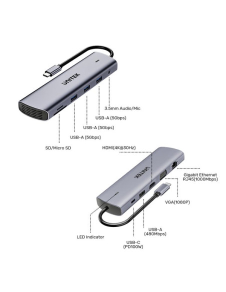 Unitek D1113Bgy01 Huby I Koncentratory 2 X Usb 3.2 Gen 2 (3.1 Gen 2) Type-C 1000 Mbit/S Szary
