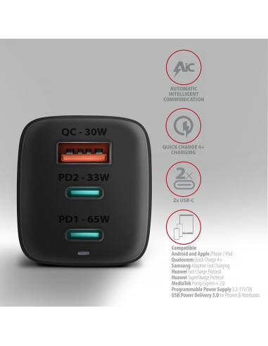 Axagon Acu-Dpq65 Ładowarka Sieciowa, Gan 65W, 3X Port (Usb-A + Dual Usb-C), Pd3.0/Qc4+/Pps/Apple