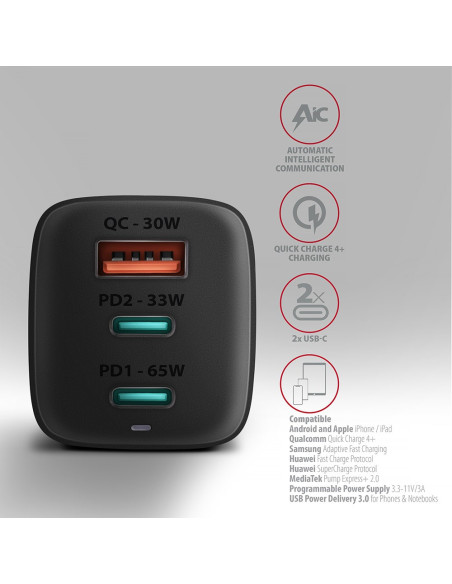 Axagon Acu-Dpq65 Ładowarka Sieciowa, Gan 65W, 3X Port (Usb-A + Dual Usb-C), Pd3.0/Qc4+/Pps/Apple
