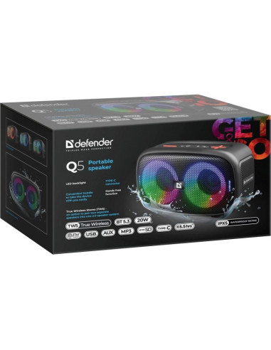 Głośnik Defender Q5 Bluetooth 5.3 20W Led/Bt/Fm/Usb/Tws
