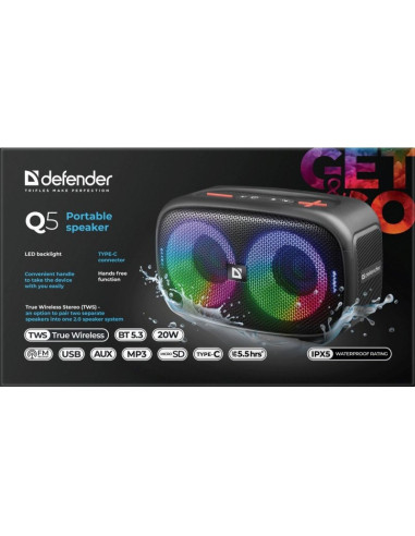 Głośnik Defender Q5 Bluetooth 5.3 20W Led/Bt/Fm/Usb/Tws