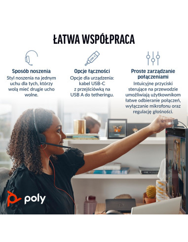 Poly Blackwire 3210 Monaural Usb-C Headset +Usb-C/A Adapter