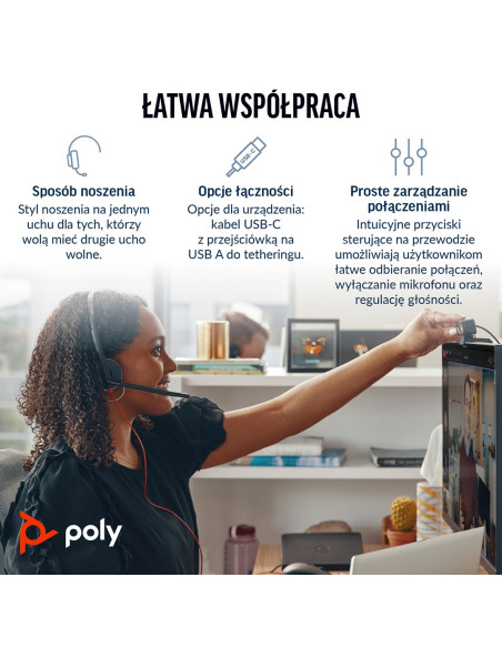 Poly Blackwire 3210 Monaural Usb-C Headset +Usb-C/A Adapter