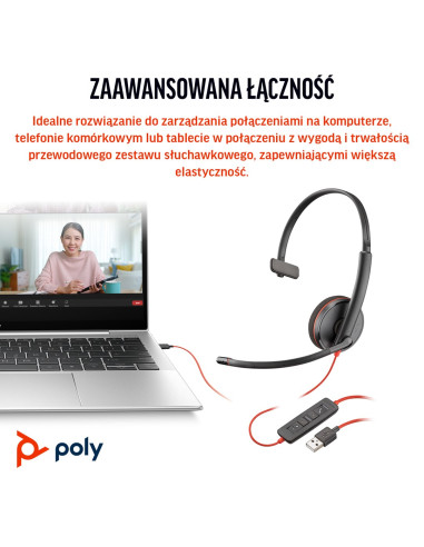Poly Blackwire 3210 Monaural Usb-C Headset +Usb-C/A Adapter