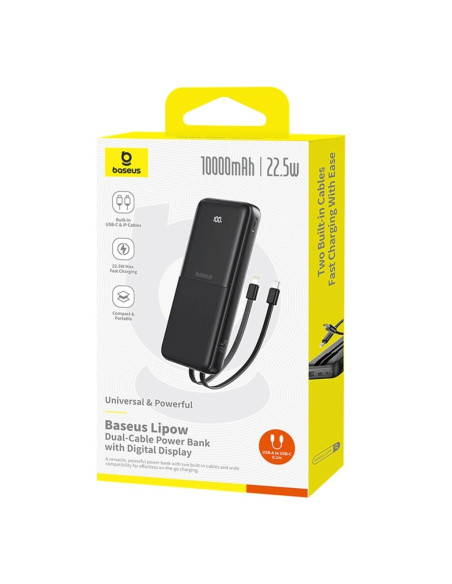 Powerbank Baseus Lipow 10000Mah 22.5W Z Podwójnym Wbudowanym Kablem Z Wyświetlaczem (Z Dodatkowym Czarnym Kablem Baseus Simple U