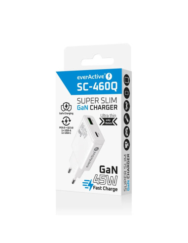 Everactive Ładowarka Sieciowa Gan 1 X Usb, 1 X Usb-C Quick Charge 3.0 45W Biała Sc-460Q