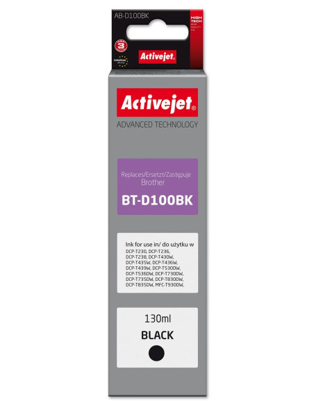 Activejet Ab-D100Bk Buteleczka Z Tuszem Z Atramentem (Zamiennik Brother Bt-D100Bk  Supreme  130 Ml  Czarny)