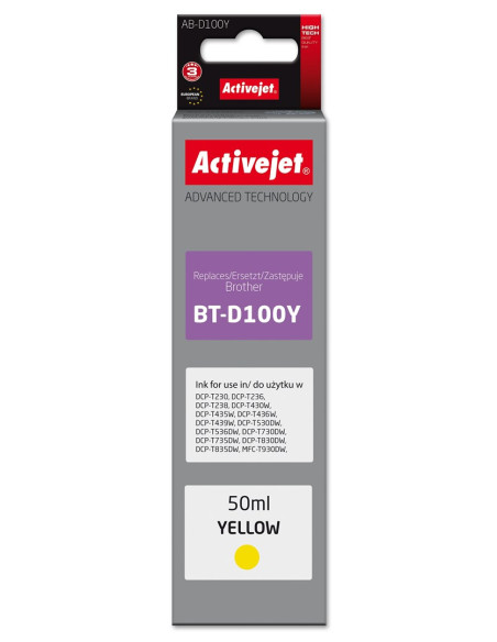 Activejet Ab-D100Y Buteleczka Z Tuszem Z Atramentem (Zamiennik Brother  Bt-D100Y  Supreme  50 Ml  Żółty)